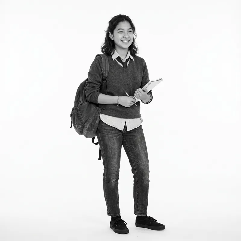 High-Quality Greyscale Teen Student Photo Without Background