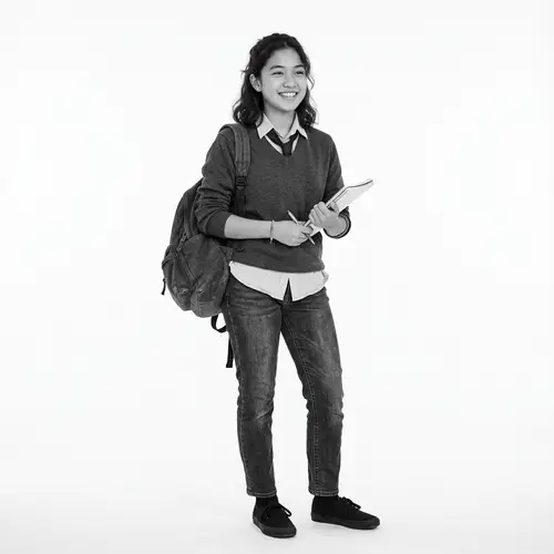High-Quality Greyscale Teen Student Photo | School Attire
