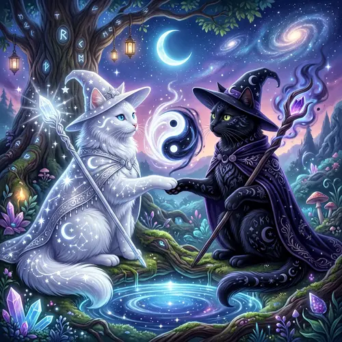Cat Witches in Serene Harmony: Light vs Dark | Yin Yang Balance
