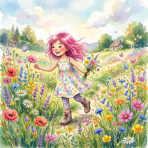 Whimsical Illustration of Young Girl with Vibrant Pink Hair and Colorful Flowers