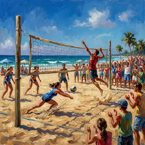 Lively Volleyball Match in Oil Painting