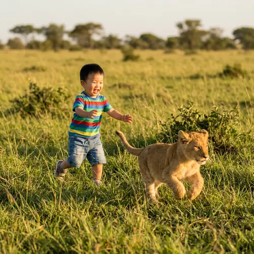 Asian Baby Boy Chasing Lion Cub in Grass Field