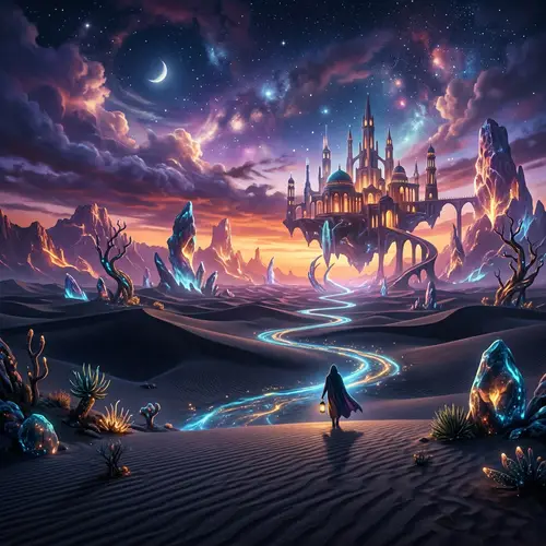 Surreal Twilight Desert Landscape with Luminous Cacti