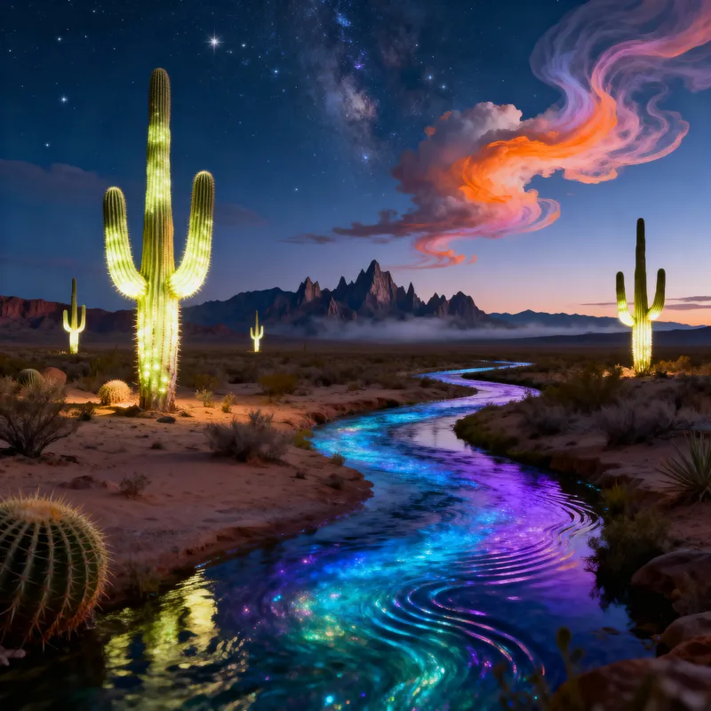 Surreal Twilight Desert Landscape with Luminous Cacti