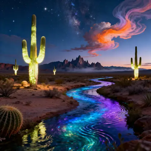 Surreal Twilight Desert Landscape with Luminous Cacti