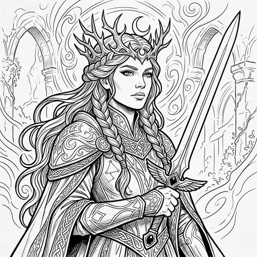 Mystical Queen of Swords - Black & White Outline Art