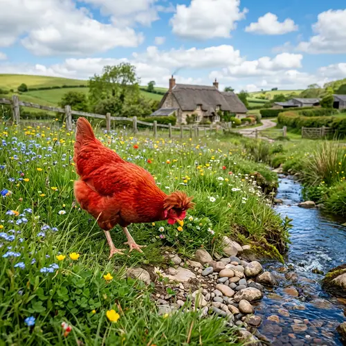 Docile Chicken in Idyllic Countryside Setting