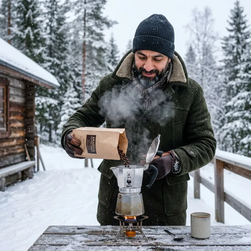 Man at Coffee Station in Winter Man at Coffee Station in Winter