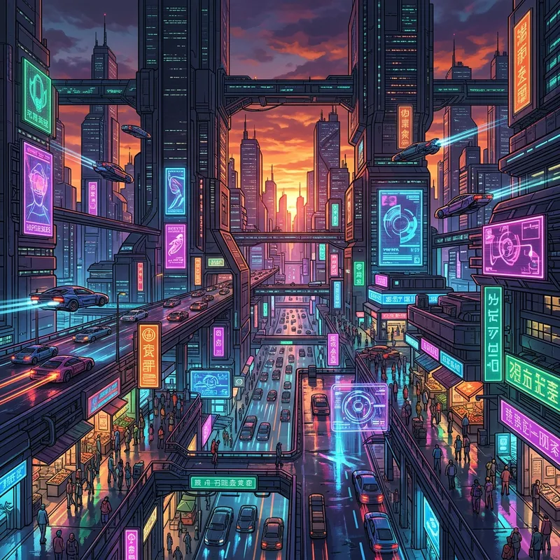 Vibrant Neon Cityscape at Sunset - Syd Mead Inspired Cyberpunk Art