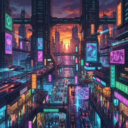 Futuristic Neon Cityscape at Sunset - Cyberpunk Imagery