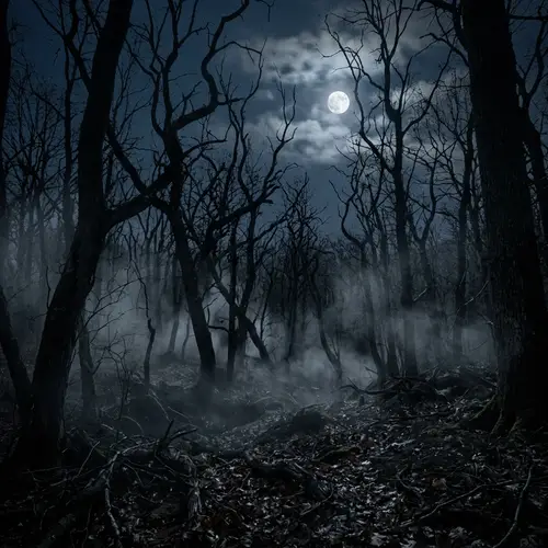 Eerie Midnight Forest: Haunting Silhouettes, Chilling Atmosphere