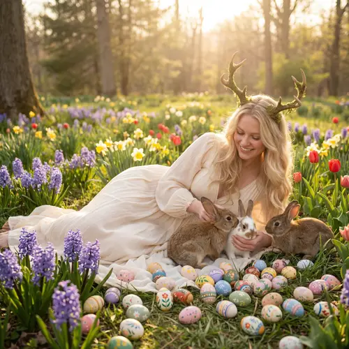 Sensual Goddess in Dreamy Spring Scene with Bunnies and Colorful Eggs