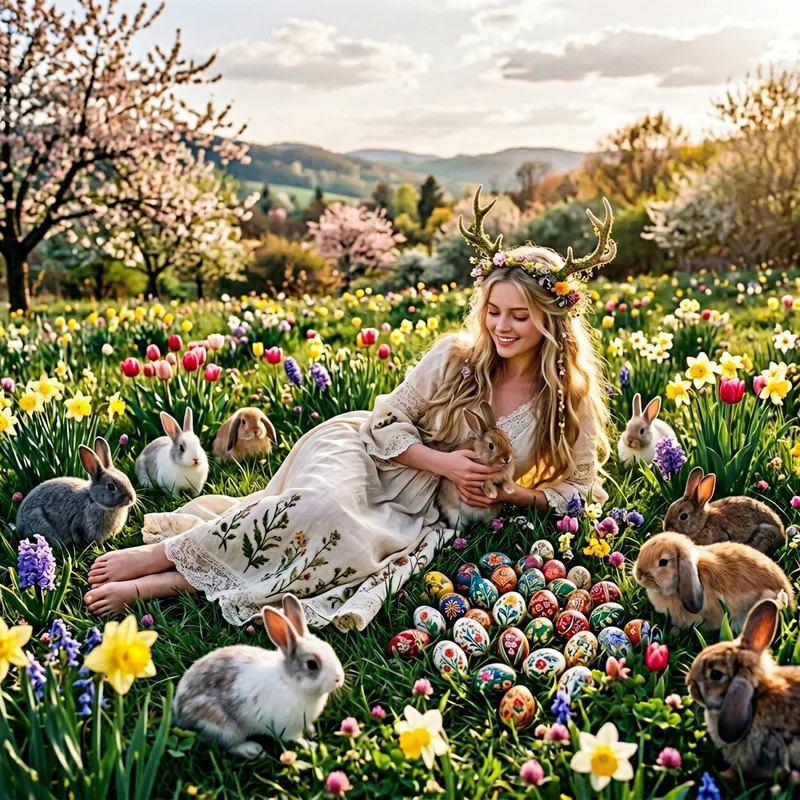 Ethereal Goddess in Spring Field Enveloped by Bunnies & Colorful Eggs Ethereal Goddess in Spring Field Enveloped by Bunnies & Colorful Eggs