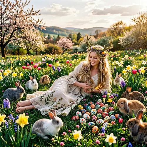 Radiant Goddess in Spring Field | Colorful Eggs & Bunnies