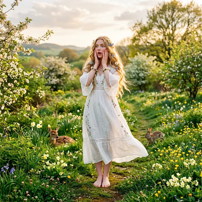 Astonishing Ostara Goddess With Long Blond Hair in White Summer Dress Astonishing Ostara Goddess With Long Blond Hair in White Summer Dress