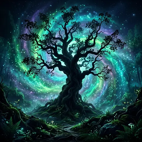 Dark Whimsical Tree in Vivid Mist with Ethereal Light