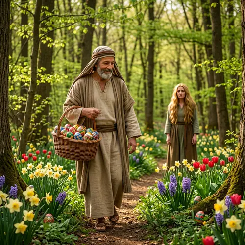 Biblical Figure in Lush Forest: Easter Eggs & Blooms