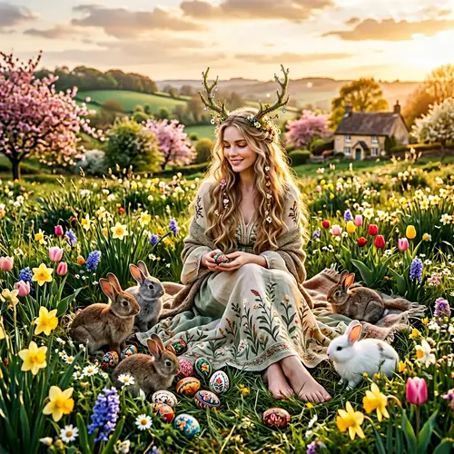 Beautiful Goddess in Spring Fantasy Landscape with Bunnies and Eggs