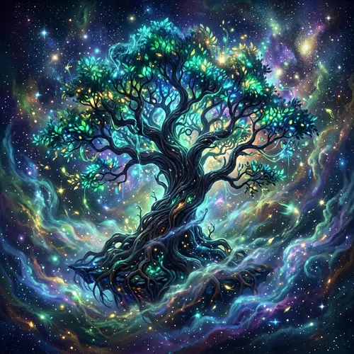 Dark Whimsical Tree in Vivid Mist with Radiant Light