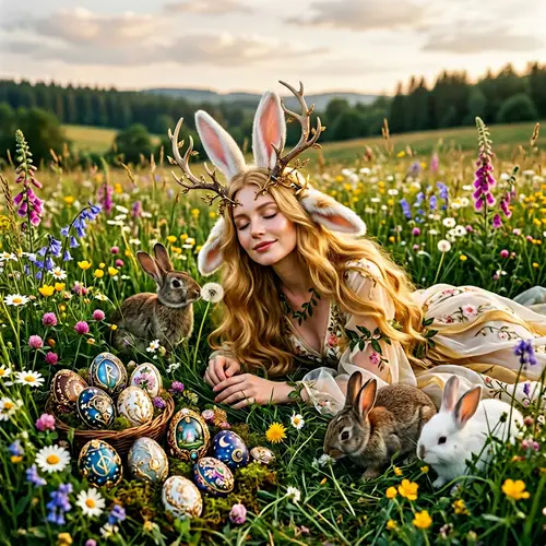 Enchanting Goddess with Bunny Ears in Meadow | Ethereal Scene
