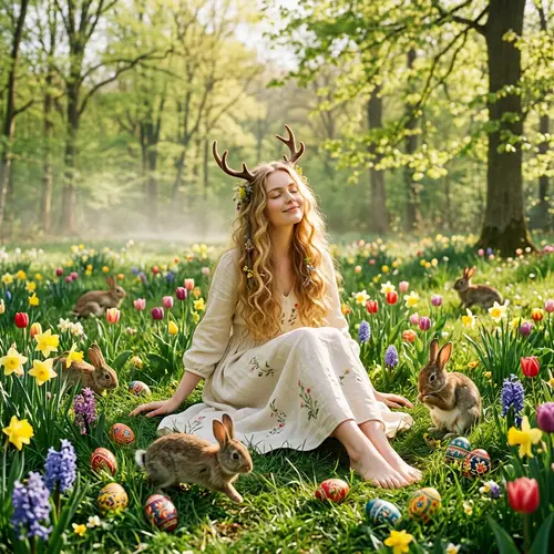 Enchanting Spring Goddess with Bunnies and Colorful Eggs