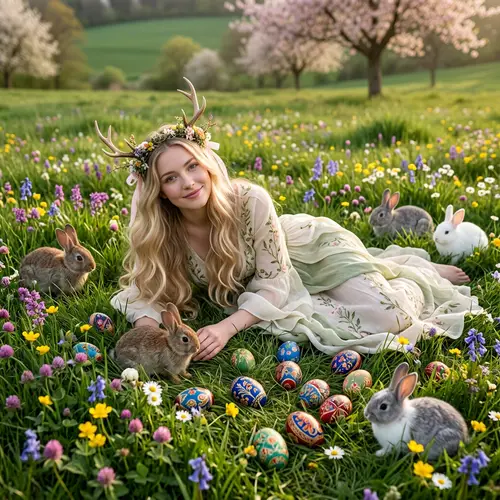 Enchanting Goddess in Blossoming Field with Bunnies and Colorful Eggs