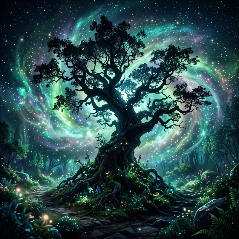 Dark Whimsical Tree in Vivid Mist with Bioluminescent Colors