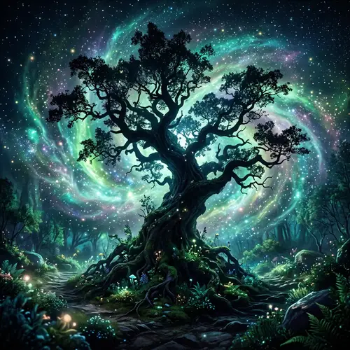 Mystical Bioluminescent Tree in Vivid Mist