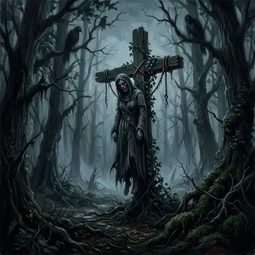 Cursed Figure Painting in Dark Forest | Eerie Artwork