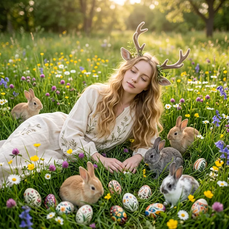 Beautiful Goddess with Golden Hair, Antlers, and Adorable Bunnies