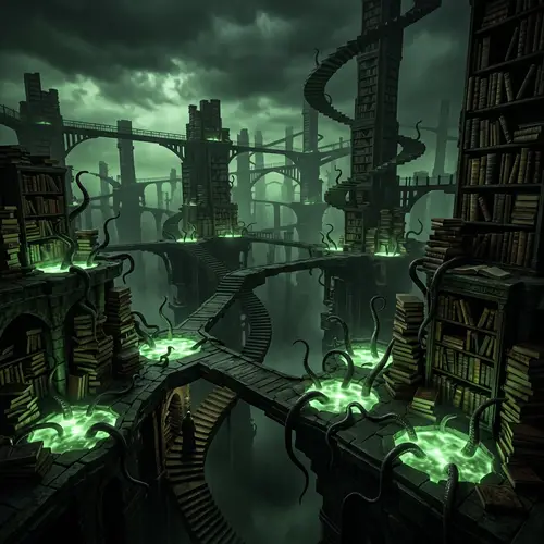 Surreal Tome-Filled Landscape: Eerie Greenish Glow