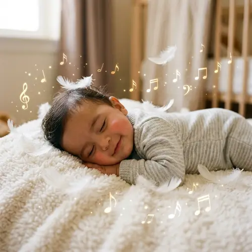 Smiling Hispanic Baby Boy on Soft Blanket with Feathers and Music Notes