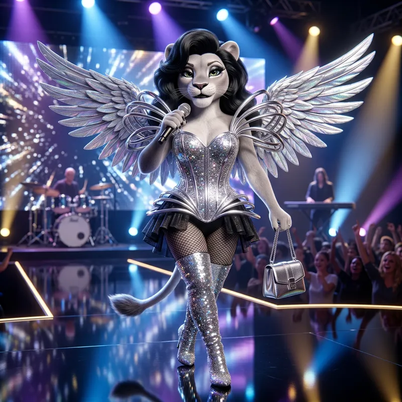 Tom the Cat in Silver Corset and Wings on Drag Race Mainstage