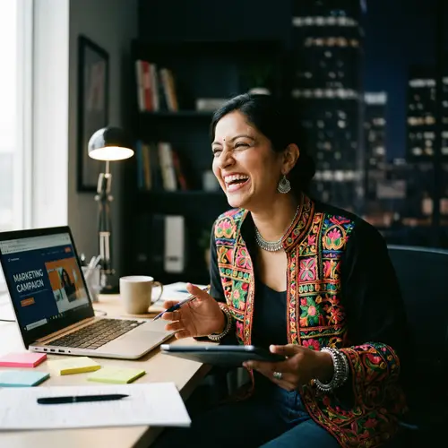 Joyful South Asian Female Marketing Manager in Office Setting