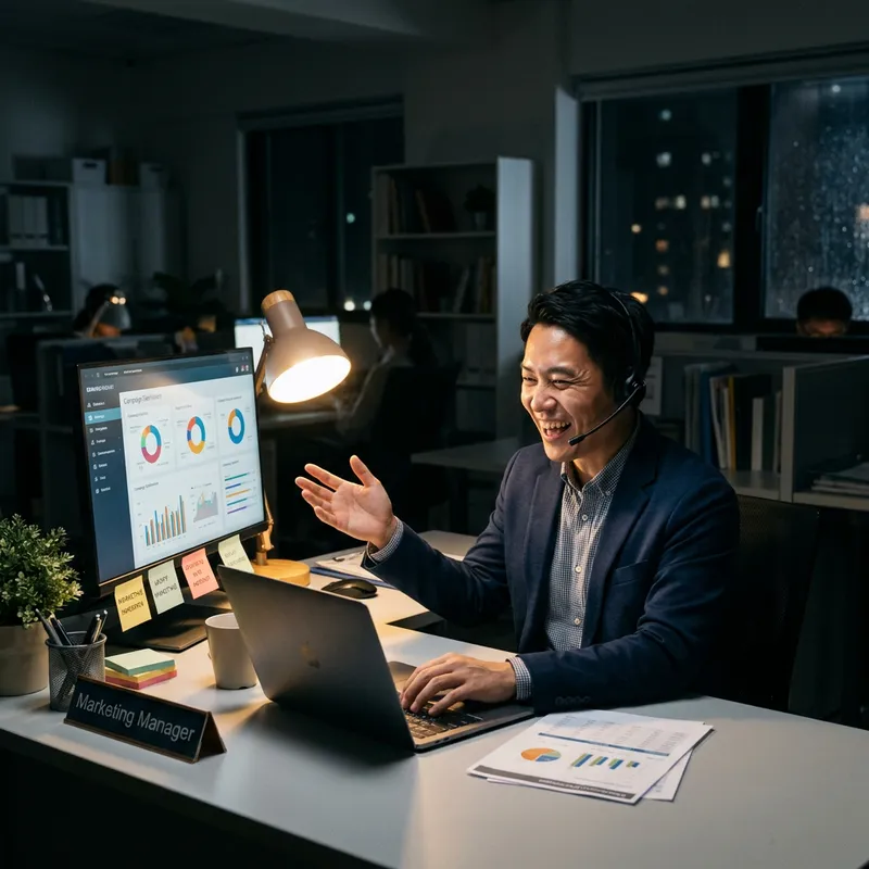 Joyful Asian Marketing Manager in Office Setting