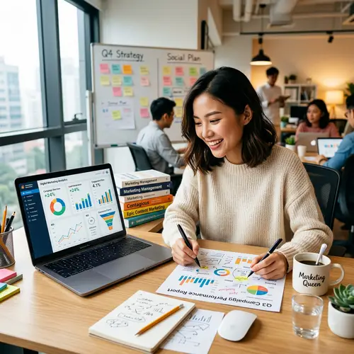 25-Year-Old Asian Marketing Manager Immersed in Campaign Analytics