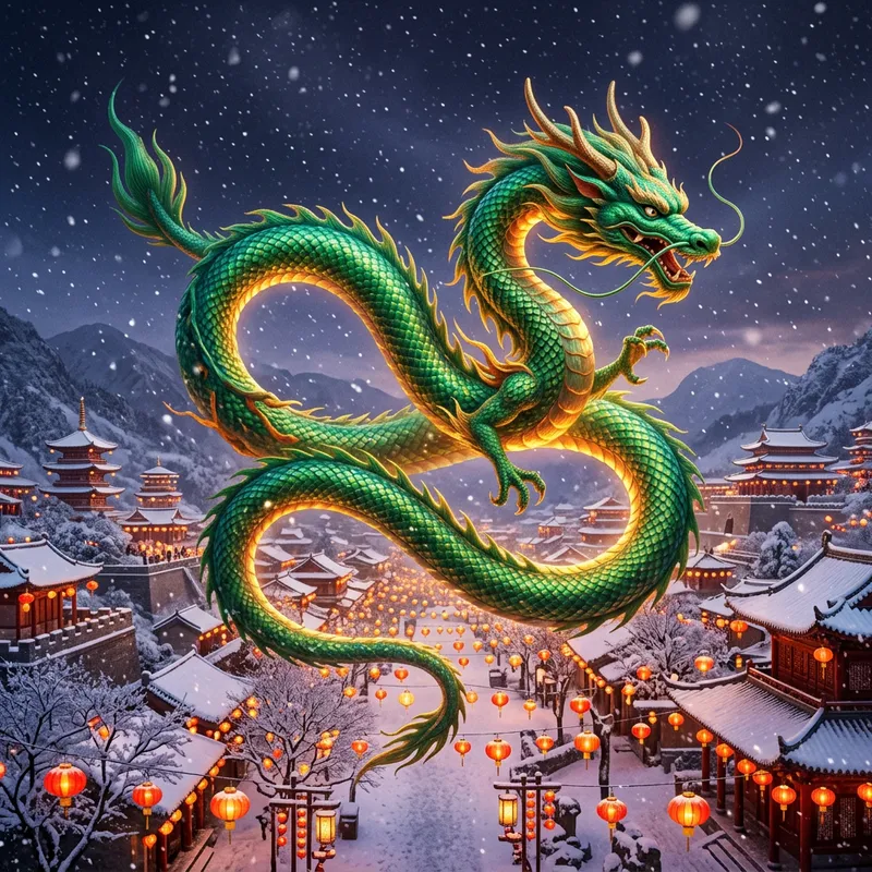 Majestic Green Chinese Dragon in Winter | New Year Festivities