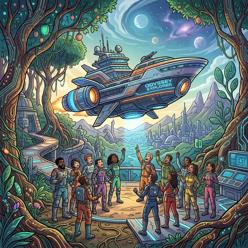 Cartoon Landscape: Nature & Technology Fusion with Odyssey-Style Ship