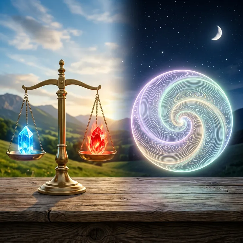 Balance vs. Harmony: Scales and Swirling Circle Visuals
