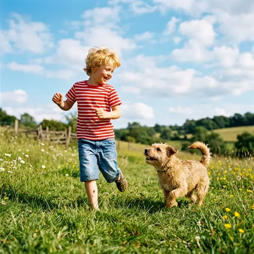 Whimsical Scene with Young Boy and Playful Dog
