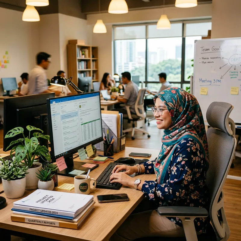 Joyful 28-Year-Old Malay Lady in Hijab at Office