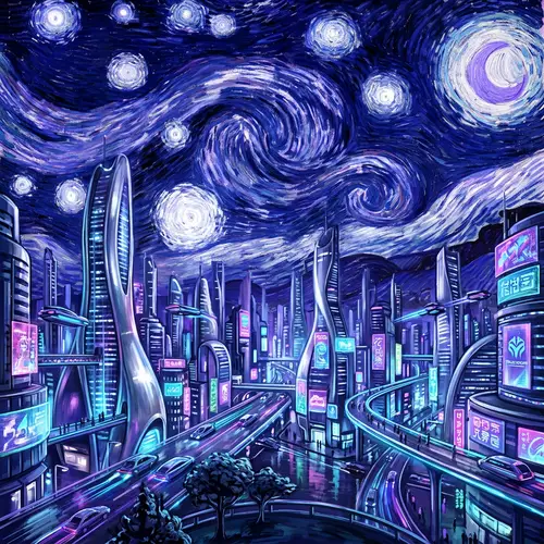 Futuristic Cityscape: Radiant Hues & Starlit Skies