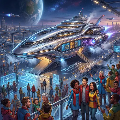 Futuristic Odyssey Spaceship Launch: Journey With Multicultural Crew