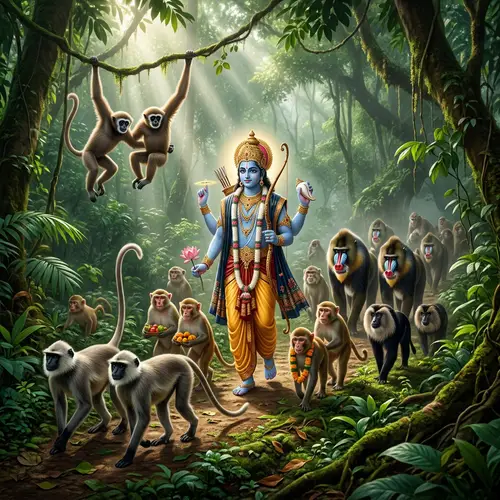 Monkey Army Escorting Hanuman: Divine Procession in Tropical Forest
