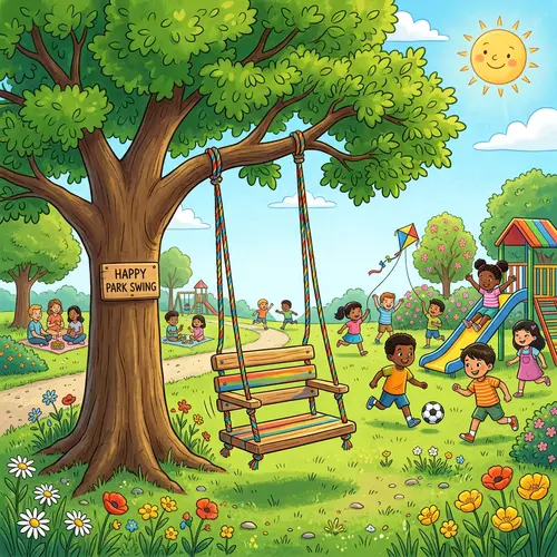 Cheerful Park Scene with Wooden Swing | Playful Children Illustration