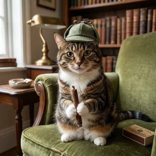 Adorable Cat with Quirky Hat and Tobacco - Whimsical Feline Image
