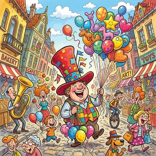 Whimsical Caricature of a Lively Street Scene