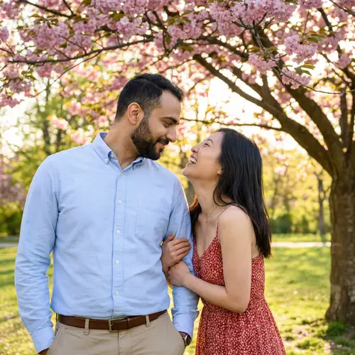 Loving Middle-Eastern Husband & Happy Asian Wife - Joyful Couple in Park