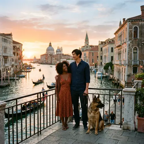 Venice City Views with Tall Man, Woman, and German Shepherd Enjoying Sunset