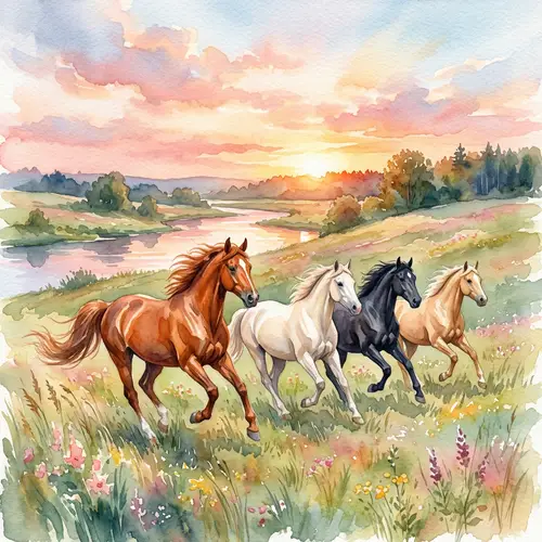 Tranquil Watercolor Painting of Four Horses in Meadow